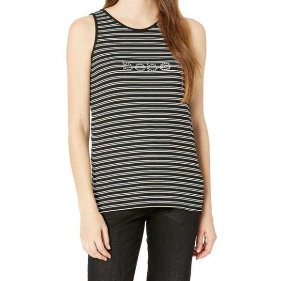 Bebe Aimee Knot Back Black & White Striped Sleeveless Top with Crystal Logo L - Picture 5 of 9